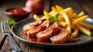 Wiener Currywurst mit Apfelkren-Sauce und Pommes