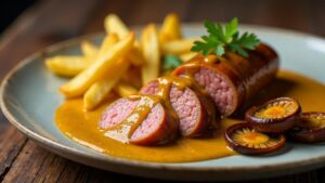 Wild-Currywurst mit Pfifferlingspommes