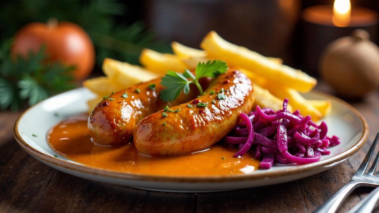 Winterliche Currywurst mit Rotkohl und Pommes