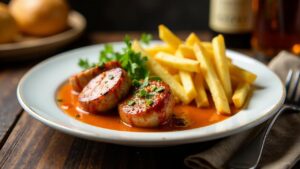 Wodka-Currywurst mit Pfeffersauce und Pommes