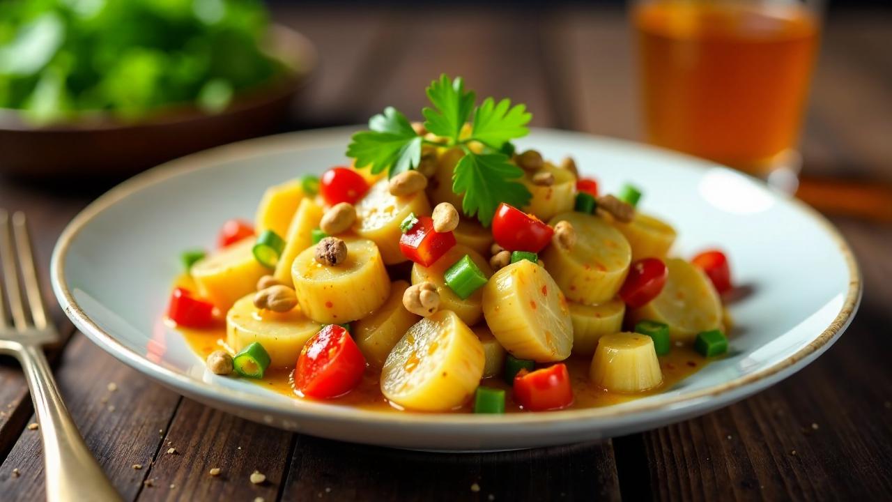 Yam-Salat mit Paprika und Erdnuss-Dressing