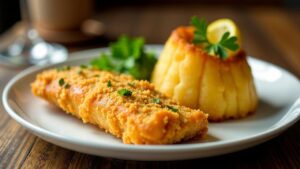 Yorkshire Pudding und gebratener Fisch