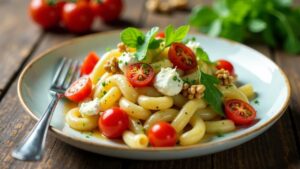 Ziegenkäsenudelsalat mit Honig und Walnüssen